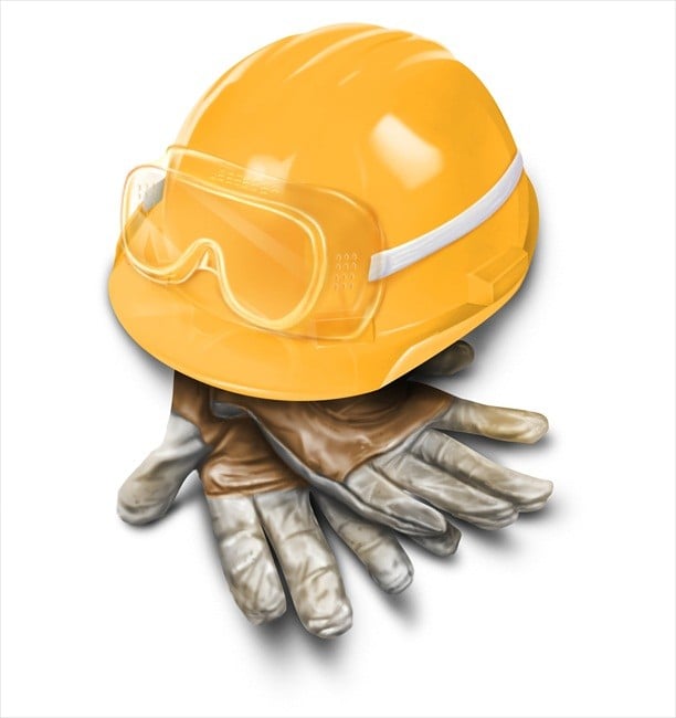 Occupational safety helmet goggles and gloves