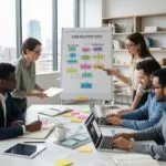 A team of instructional designers and developers in a modern office meeting, planning a course development process flowchart on a whiteboard.