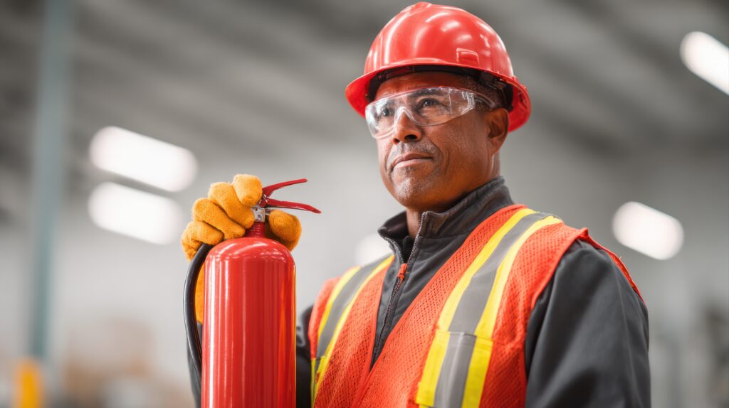 Worker holding fire extinguisher indoors.