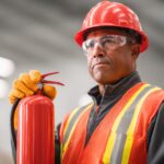 Worker holding fire extinguisher indoors.